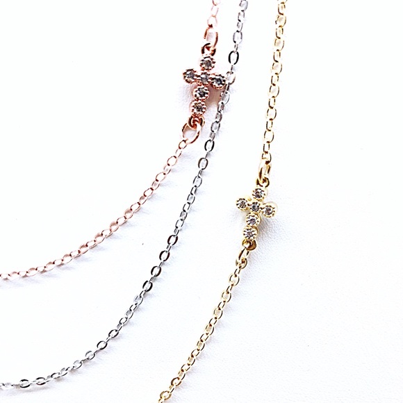 CZ Sideways Tiny Cross Necklace Yellow, Rose, White Gold Filled NWT, Gift Box - Picture 2 of 6